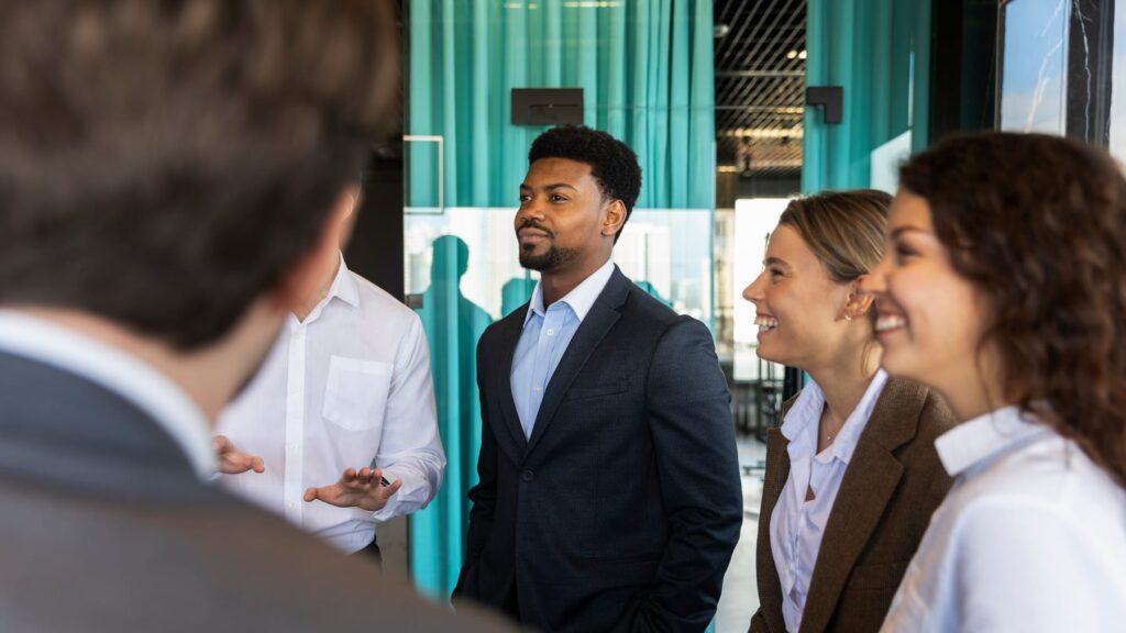 Professionals taking part in a business networking event